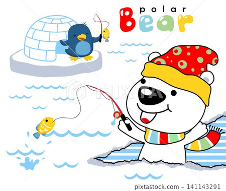 Vector cartoon of polar bear and penguin fishing in ice land. Antarctica element cartoon Vector cartoon of polar bear and penguin fishing in ice land. Antarctica element cartoon 141143291