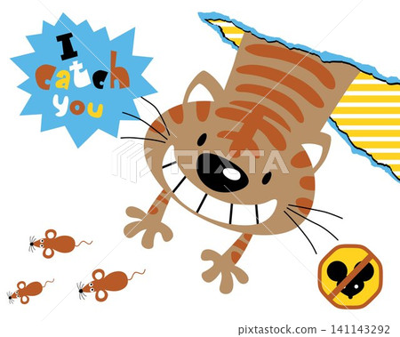 Vector illustration of funny cat cartoon hunt rats Vector illustration of funny cat cartoon hunt rats 141143292