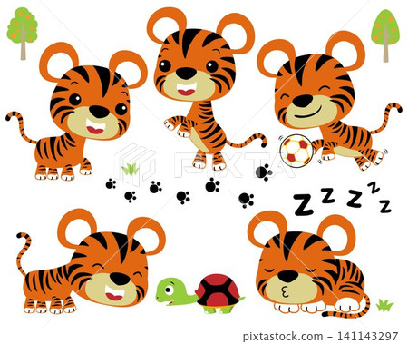 Vector illustration set of little tiger cartoon in different activity with turtle Vector illustration set of little tiger cartoon in different activity with turtle 141143297