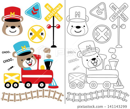 Funny bear cartoon on steam train with locomotive elements, coloring book or page Funny bear cartoon on steam train with locomotive elements, coloring book or page 141143299