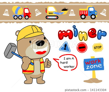 Vector cartoon of funny bear in worker costume while holding hammer with construction elements cartoon Vector cartoon of funny bear in worker costume while holding hammer with construction elements cartoon 141143304