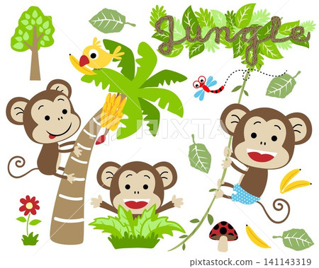 Vector set of funny monkey cartoon in different activity with bird and dragonfly, jungle elements illustration 141143319
