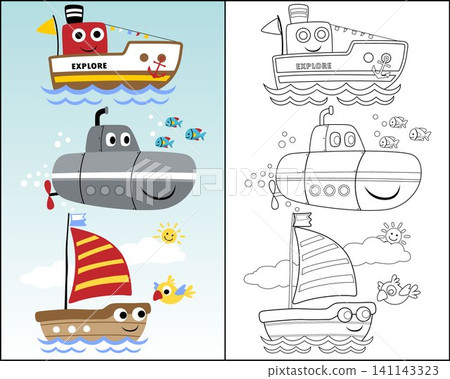 Vector illustration of funny sea transport with bird and fishes. Coloring book or page Vector illustration of funny sea transport with bird and fishes. Coloring book or page 141143323