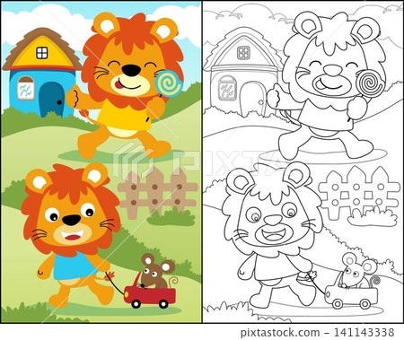 coloring book with funny lion cartoon, cute lion activity with mouse on field and house background coloring book with funny lion cartoon, cute lion activity with mouse on field and house background 141143338