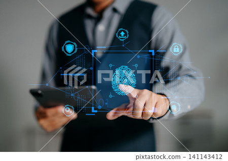 Business professional using biometric fingerprint authentication on digital interface. Concept of cybersecurity, data protection, identity verification Business professional using biometric fingerprint authentication on digital interface. Concept of cybersecurity, data protection, identity verification 141143412