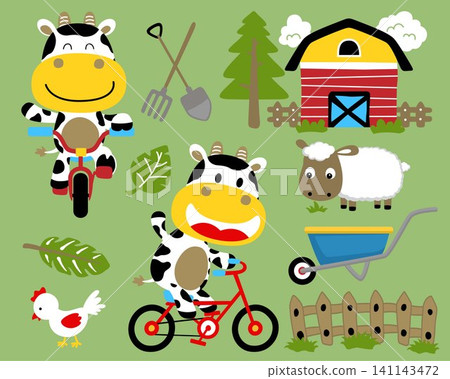 vector illustration set of funny cow cartoon with farm animals, farmyard elements vector illustration set of funny cow cartoon with farm animals, farmyard elements 141143472