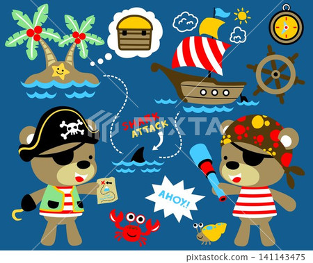 vector illustration of sailing theme set cartoon with funny pirates. Teddy bear in pirate costume with sailing elements vector illustration of sailing theme set cartoon with funny pirates. Teddy bear in pirate costume with sailing elements 141143475