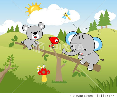 Vector illustration with cute animals cartoon on landscape background. Bear and elephant playing swing 141143477