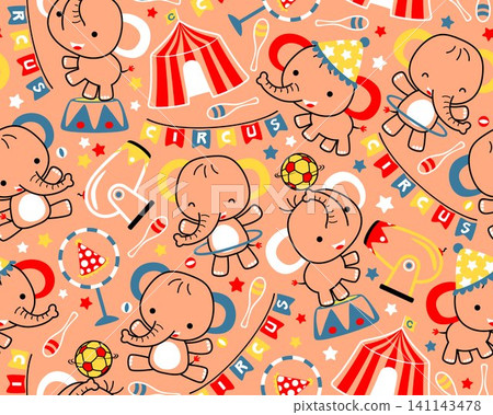 Vector seamless pattern of circus cartoon animals with elephants, circus elements. Vector seamless pattern of circus cartoon animals with elephants, circus elements. 141143478