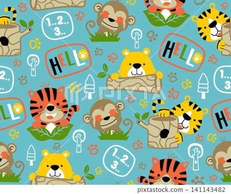 Vector of seamless pattern with adorable animals cartoon playing hide and seek. Tiger, monkey, bear and jungle elements 141143482