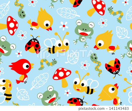 Vector seamless pattern of bugs cartoon and bird with leaves and flower Vector seamless pattern of bugs cartoon and bird with leaves and flower 141143483