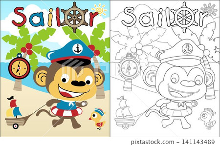 Coloring book vector of monkey cartoon playing as a sailor in the beach with little duck 141143489