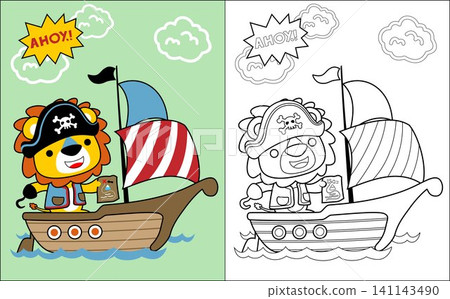 Coloring book vector with lion cartoon in pirate costume on sailboat Coloring book vector with lion cartoon in pirate costume on sailboat 141143490