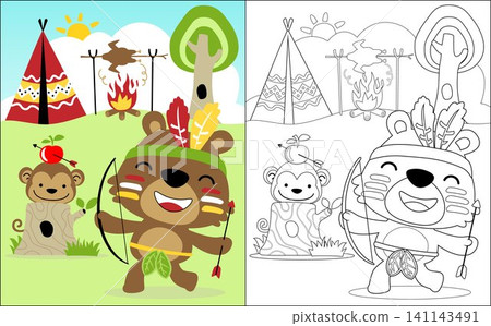 Coloring book vector of funny bear and monkey in Indian tribes costume playing archery Coloring book vector of funny bear and monkey in Indian tribes costume playing archery 141143491