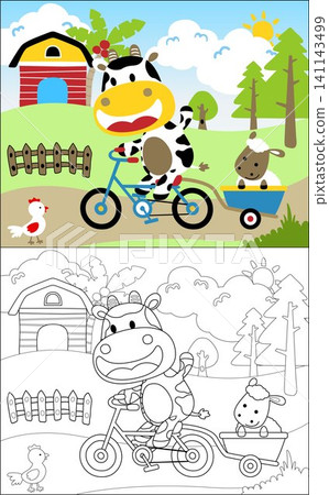 Coloring book vector of funny cow riding bicycle pulling sheep on wheelbarrow. Farmyard animals on farm field background 141143499