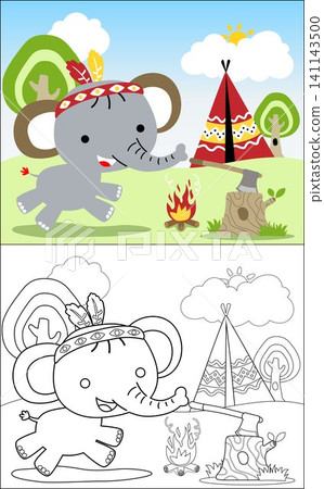 Coloring book vector of cute elephant in Indian tribe costume in jungle Coloring book vector of cute elephant in Indian tribe costume in jungle 141143500