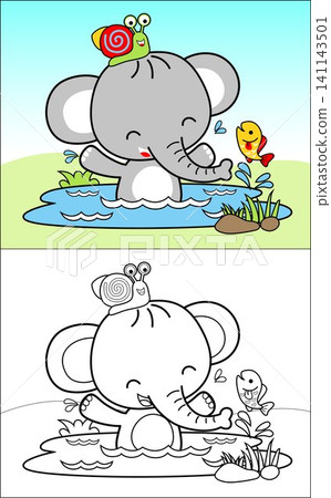 Coloring book vector of cute elephant with snail and fish in swamp Coloring book vector of cute elephant with snail and fish in swamp 141143501