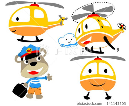 vector set of funny helicopter cartoon with little bear in pilot costume vector set of funny helicopter cartoon with little bear in pilot costume 141143503