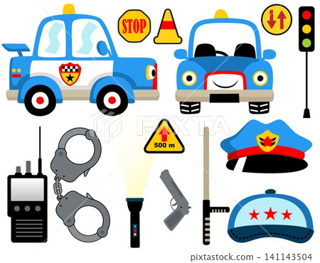 Vector cartoon set of funny police car with police's equipment Vector cartoon set of funny police car with police's equipment 141143504