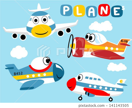 Vector set of funny planes cartoon with clouds Vector set of funny planes cartoon with clouds 141143505