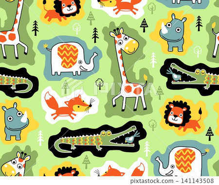 Seamless pattern vector of hand drawn wildlife animals cartoon with trees Seamless pattern vector of hand drawn wildlife animals cartoon with trees 141143508