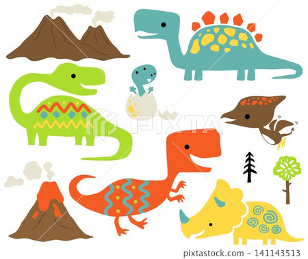 Vector set of colorful dinosaurs cartoon, volcanoes and trees. 141143513