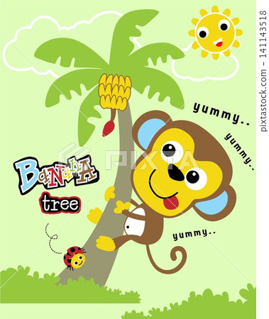 Vector cartoon of funny monkey climb banana tree, smiling sun and ladybird Vector cartoon of funny monkey climb banana tree, smiling sun and ladybird 141143518