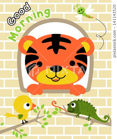 Vector of little tiger cartoon in the window with bird, dragonfly and chameleon on tree branches Vector of little tiger cartoon in the window with bird, dragonfly and chameleon on tree branches 141143520