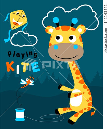 Vector cartoon of cute giraffe playing kite with dragonfly Vector cartoon of cute giraffe playing kite with dragonfly 141143521
