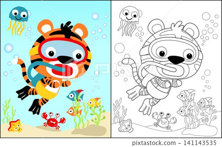 Coloring book vector of tiger diving undersea with marine animals Coloring book vector of tiger diving undersea with marine animals 141143535
