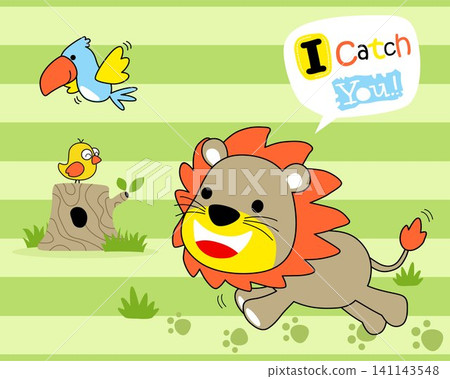 Animals cartoon vector, cute lion playing with birds in forest Animals cartoon vector, cute lion playing with birds in forest 141143548