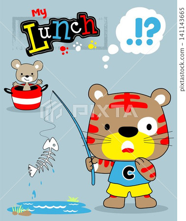 Vector illustration of funny cat fishing catching fish bone, little mouse on bucket Vector illustration of funny cat fishing catching fish bone, little mouse on bucket 141143665