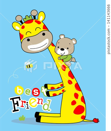 Animal cartoon vector, little bear climb on giraffe's neck, bee flying Animal cartoon vector, little bear climb on giraffe's neck, bee flying 141143666