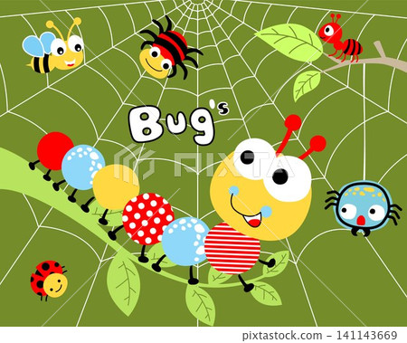 Animals cartoon vector of funny bugs on cobweb background Animals cartoon vector of funny bugs on cobweb background 141143669