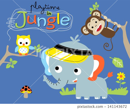 Vector illustration of elephant cartoon wearing hat, monkey and owl on tree branches Vector illustration of elephant cartoon wearing hat, monkey and owl on tree branches 141143672