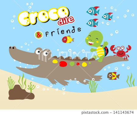 Marine animals cartoon, turtle and crab riding on crocodile's tail Marine animals cartoon, turtle and crab riding on crocodile's tail 141143674