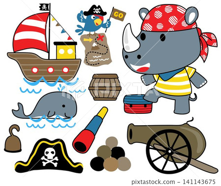 Cute rhino cartoon in pirate costume with pirate sailing elements Cute rhino cartoon in pirate costume with pirate sailing elements 141143675