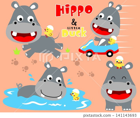 Vector set of hippo and duck cartoon in different action Vector set of hippo and duck cartoon in different action 141143693