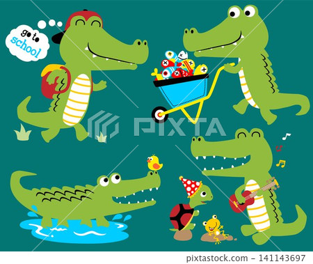 Vector set of funny crocodiles cartoon in different action with friends Vector set of funny crocodiles cartoon in different action with friends 141143697