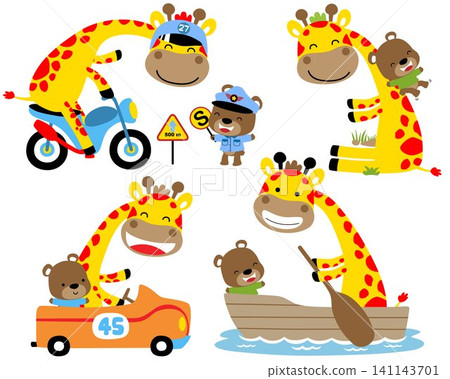 Vector set of giraffe cartoon in different activities with little bear Vector set of giraffe cartoon in different activities with little bear 141143701