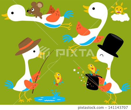 Vector set of white crane cartoon in different action Vector set of white crane cartoon in different action 141143707