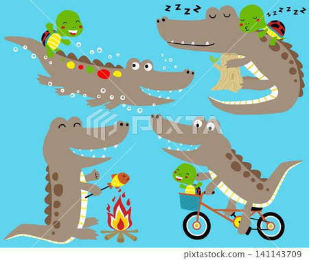 Vector set of crocodile and turtle cartoon in different activity Vector set of crocodile and turtle cartoon in different activity 141143709