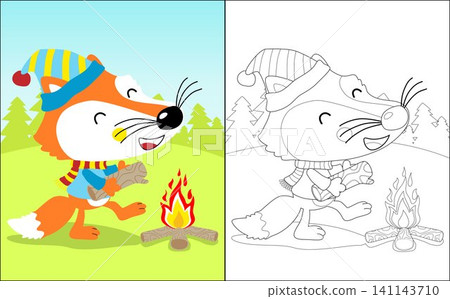Vector illustration of coloring book, fox in winter clothes collecting firewood to make a bonfire Vector illustration of coloring book, fox in winter clothes collecting firewood to make a bonfire 141143710