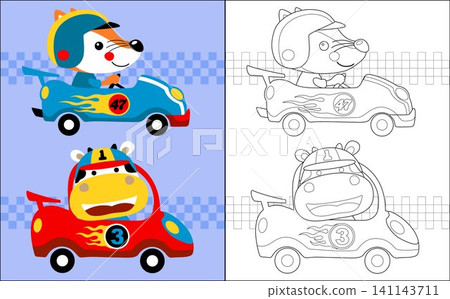 Coloring book of fox and cow cartoon riding racing car Coloring book of fox and cow cartoon riding racing car 141143711