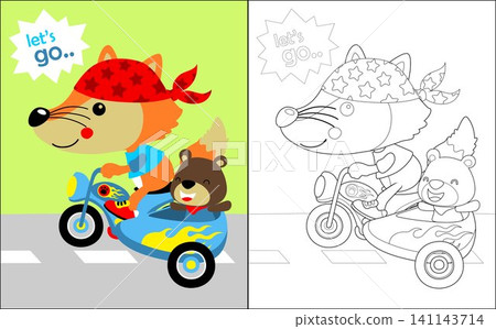 Coloring book of funny fox and bear cartoon on motorcycle 141143714