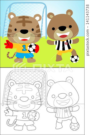 Coloring book of cute tiger and bear in soccer costume, holding ball in football field Coloring book of cute tiger and bear in soccer costume, holding ball in football field 141143738