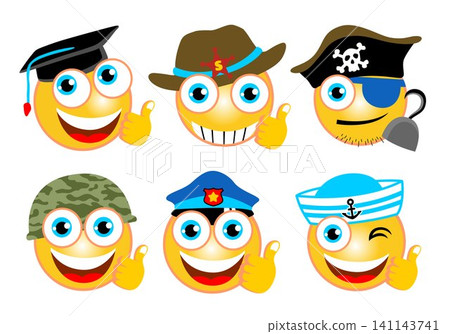 Vector illustration of funny emoticons with different hat or caps Vector illustration of funny emoticons with different hat or caps 141143741
