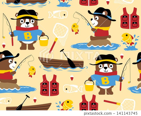 Seamless pattern vector of funny bear cartoon catch fish, angler elements 141143745