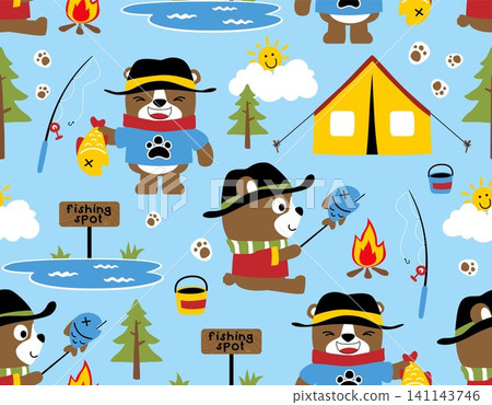 Seamless pattern vector of cute bear cartoon camping in forest, camping elements Seamless pattern vector of cute bear cartoon camping in forest, camping elements 141143746