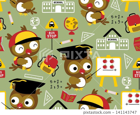 Seamless pattern vector of funny owl cartoon, school elements Seamless pattern vector of funny owl cartoon, school elements 141143747